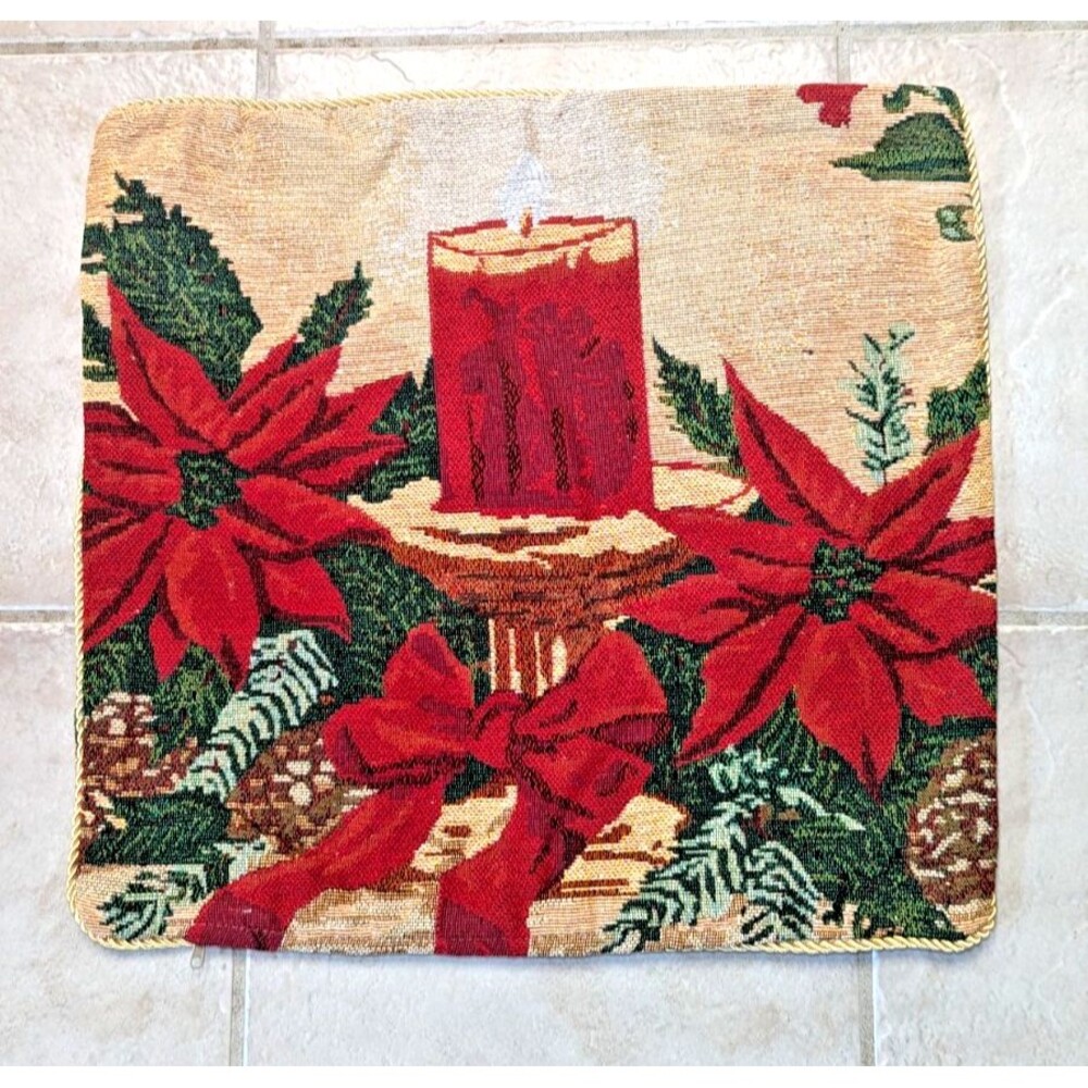 Christmas Candle Tapestry Pillow Cover Zipper Poinsettia Red Green Tan 17.5" Sq